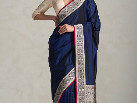 Deepali  Midnight Blue Pure Katan Silk Banarasi Handloom Saree For Cheap