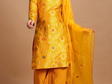 Marigold Yellow Pure Katan Silk Kadwa Jangla Handloom Suit Set For Cheap