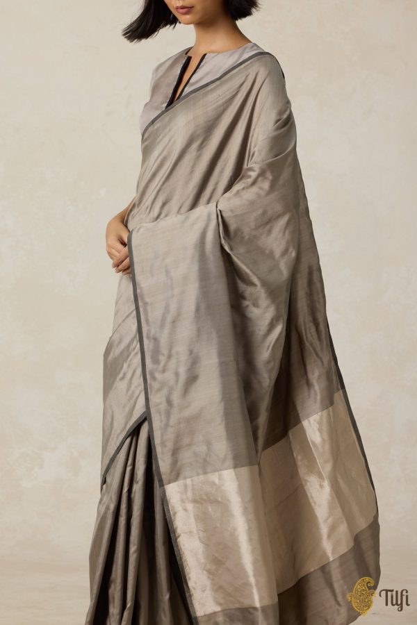 Symphony  Grey-Beige Pure Silk Twill Banarasi Handloom Saree For Sale