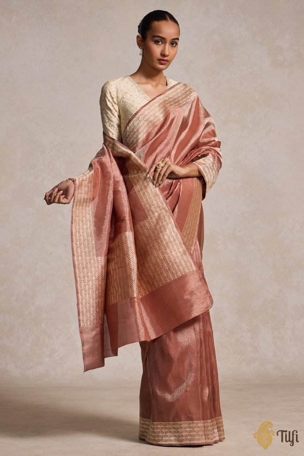 Dark Copper Pure Ektara Silk Tissue Banarasi Handloom Saree Discount