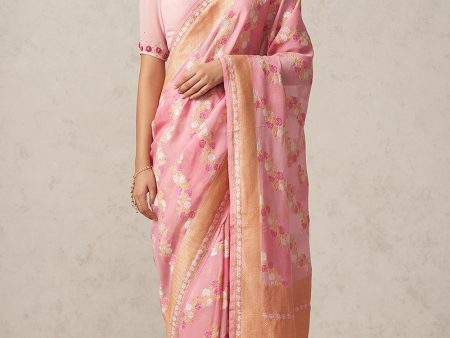 Pre-Order: Soft Pink Pure Khaddi Georgette Banarasi Handloom Saree Cheap