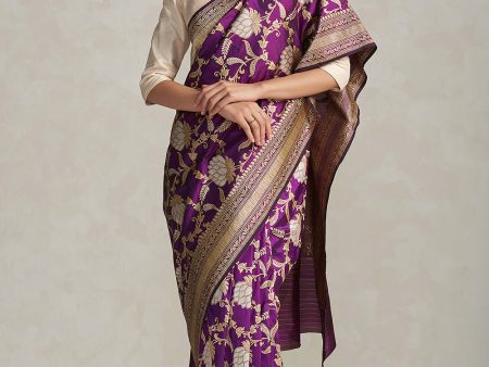 Suvarna  Deep Purple Pure Katan Silk Banarasi Handloom Saree Hot on Sale