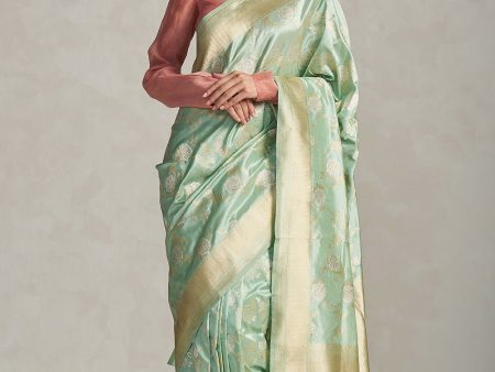 Pastel Mint Blue Pure Katan Silk Banarasi Handloom Saree Discount