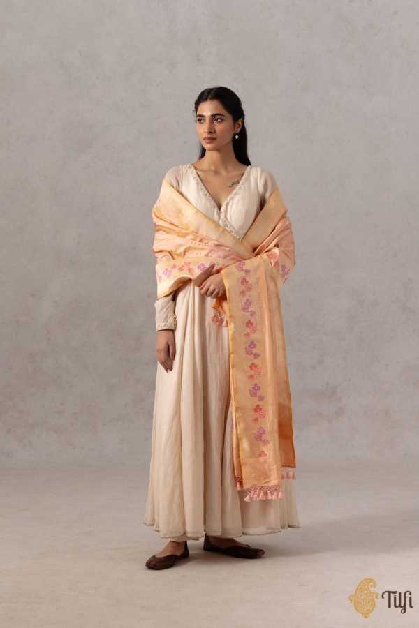 Peach Pure Katan Silk Banarasi Handloom Dupatta on Sale