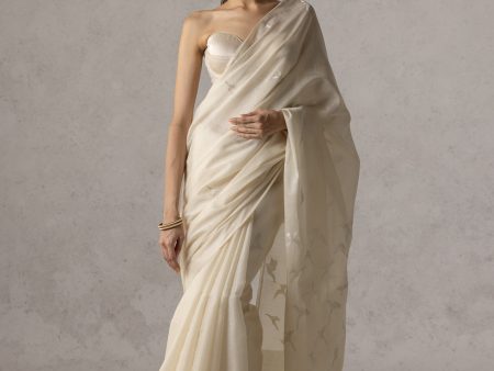 Off White Pure Kora By Cotton Satin Banarasi Handloom Saree Sale