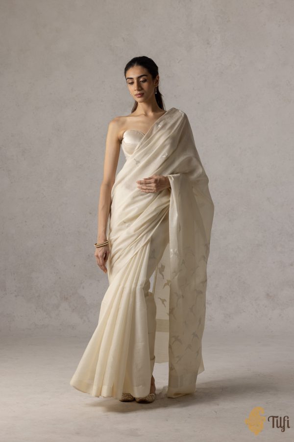 Off White Pure Kora By Cotton Satin Banarasi Handloom Saree Sale