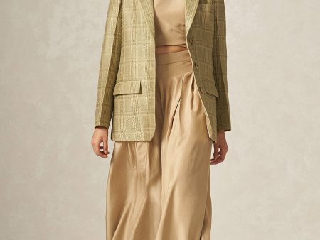 Green and Beige Pure Silk Handwoven Plaid Patterned Blazer on Sale