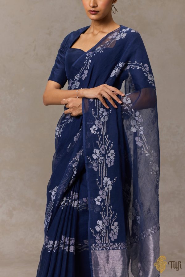 Aki  Navy Blue Pure Cotton Jamdani Real Zari Banarasi Handloom Saree Online Hot Sale