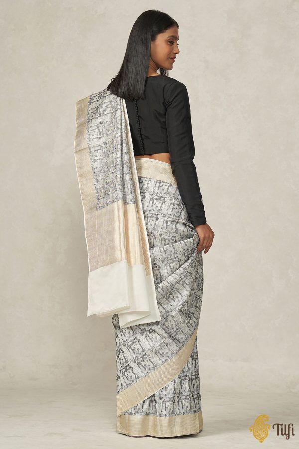 Prerana  White-Black-Grey Pure Soft Satin Silk Banarasi Handloom Saree Online Sale