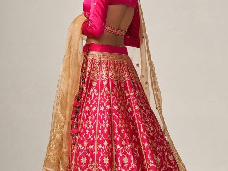 Indira  Red-Rani Pink Pure Katan Silk Banarasi Handloom Lehenga Set on Sale