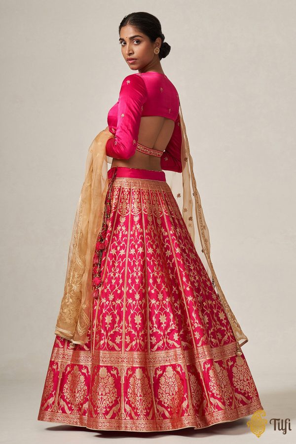 Indira  Red-Rani Pink Pure Katan Silk Banarasi Handloom Lehenga Set on Sale