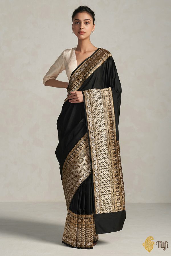 Uma  Black Pure Soft Satin Silk Banarasi Handloom Saree Sale