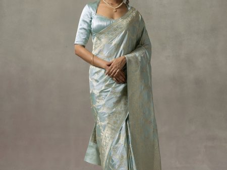 Anne  Light Blue Pure Katan Silk Banarasi Handloom Saree Discount