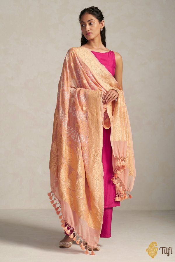 Peach Pure Georgette Banarasi Handloom Bandhani Dupatta Fashion