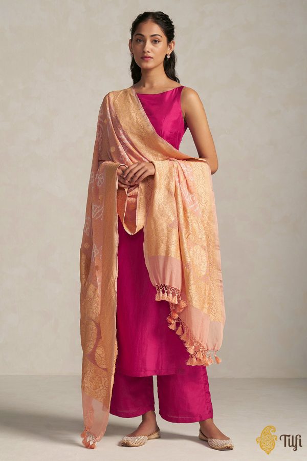 Peach Pure Georgette Banarasi Handloom Bandhani Dupatta Fashion