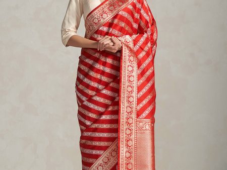 Hasanthi  Red Pure Katan Silk Banarasi Handloom Saree For Discount