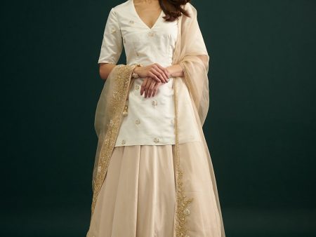 Off-White Pure Satin Silk Short Kurta with Hand-embroidered Skirt and Dupatta Discount