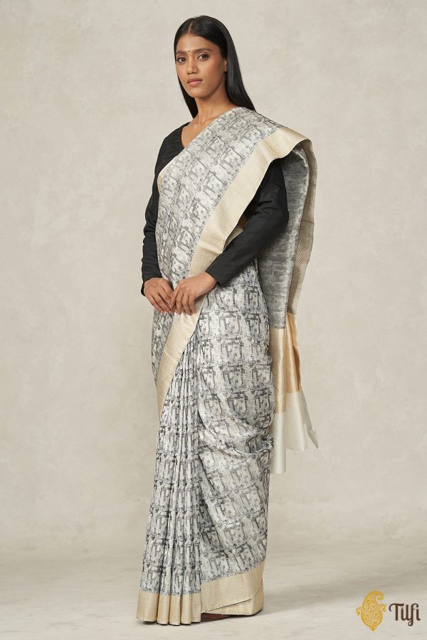 Prerana  White-Black-Grey Pure Soft Satin Silk Banarasi Handloom Saree Online Sale