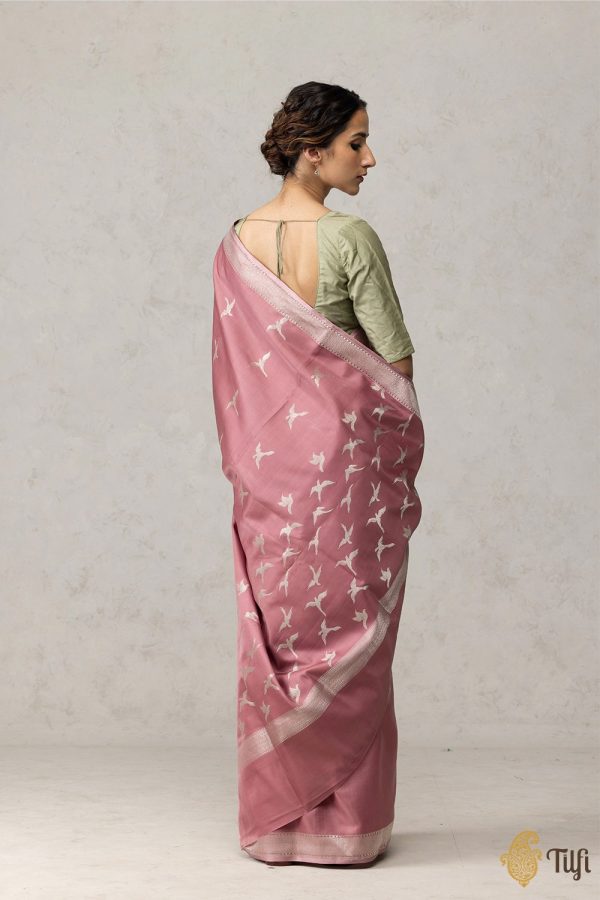 Rosy Pink Pure Kora by Cotton Satin Banarasi Handloom Saree Online now