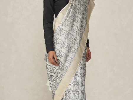 Prerana  White-Black-Grey Pure Soft Satin Silk Banarasi Handloom Saree Online Sale