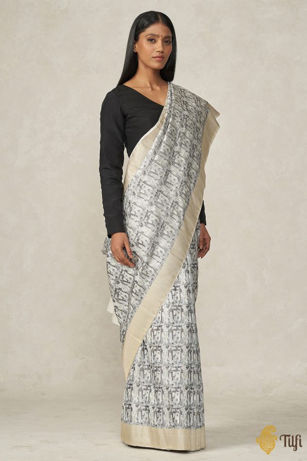 Prerana  White-Black-Grey Pure Soft Satin Silk Banarasi Handloom Saree Online Sale