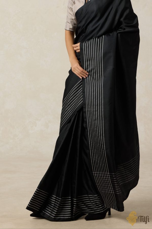 Nocturne  Black Pure Silk Twill Banarasi Handloom Saree For Sale