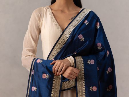 Navy Blue Pure Katan Silk Banarasi Handloom Dupatta Discount