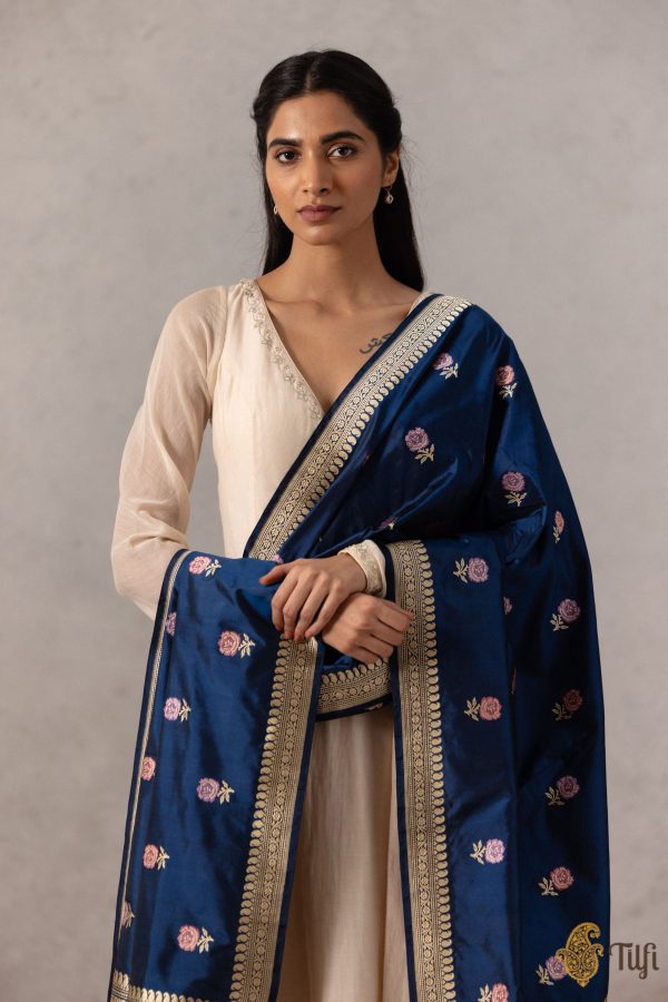 Navy Blue Pure Katan Silk Banarasi Handloom Dupatta Discount