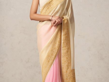 Pre-Order: Ivory Pink Pure Khaddi Georgette Banarasi Handloom Saree Sale