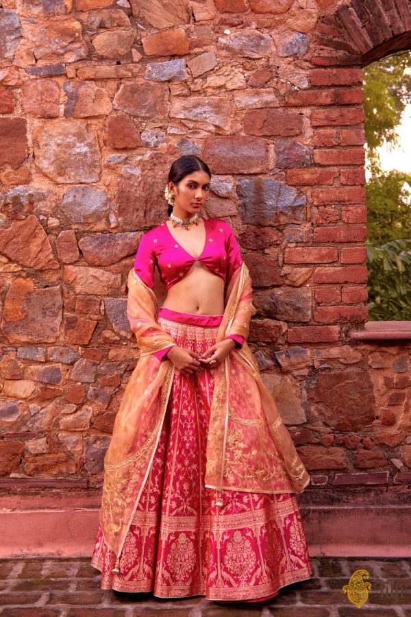 Indira  Red-Rani Pink Pure Katan Silk Banarasi Handloom Lehenga Set on Sale