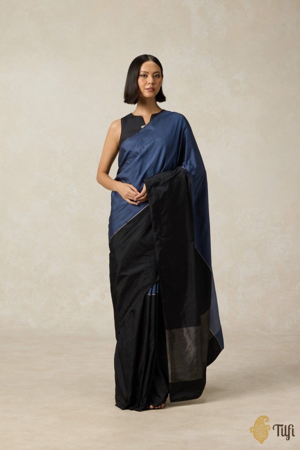 Serenade  Black & Ink Blue Pure Silk Twill Banarasi Handloom Saree Discount