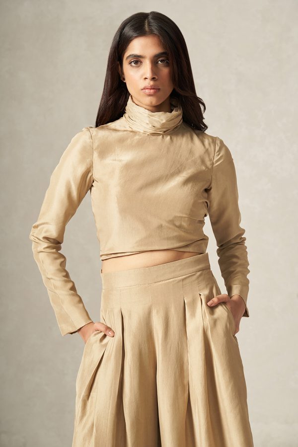 Beige Pure Silk Turtle-neck Top with Drape Detailing on Sale