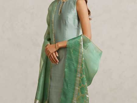 Sage Green Pure Chanderi Silk Hand-embroidered Suit Set with Handwoven Dupatta For Cheap