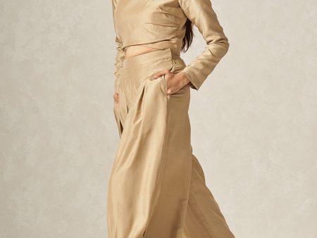 Beige Pure Silk Flared Pants Hot on Sale