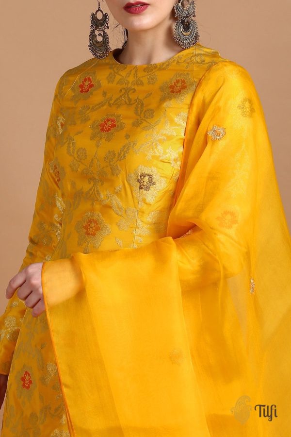 Marigold Yellow Pure Katan Silk Kadwa Jangla Handloom Suit Set For Cheap