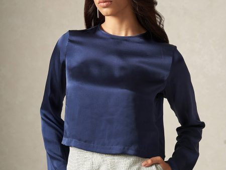 Dark Blue Round Neck Pure Satin Silk Top with Bell Sleeves For Sale