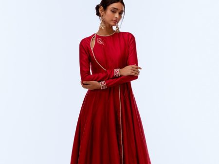 Red Hand-Embroidered Pure Silk Anarkali Churidar Suit Set on Sale