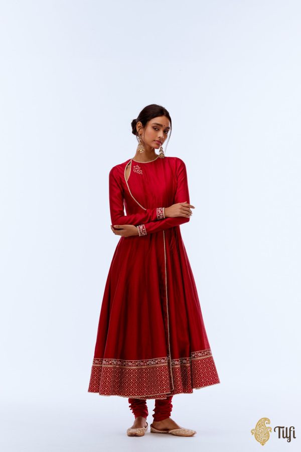 Red Hand-Embroidered Pure Silk Anarkali Churidar Suit Set on Sale