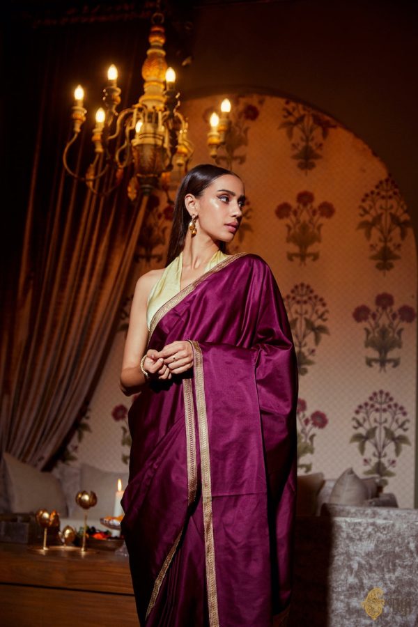 Kamakshi  Deep Cherry Purple Pure Soft Satin Silk Banarasi Handloom Saree Online Sale