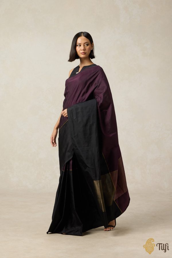 Pre-Order:  Serenade  Plum Purple-Black Pure Silk Twill Banarasi Handloom Saree Online now