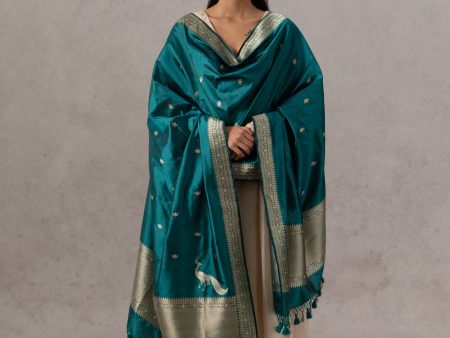 Black-Aqua Green Pure Katan Silk Banarasi Handloom Dupatta Online Sale