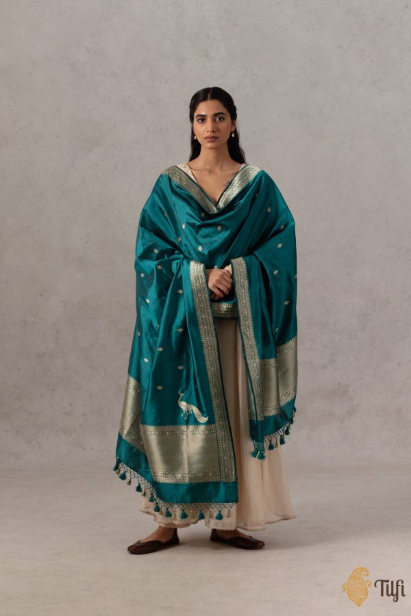 Black-Aqua Green Pure Katan Silk Banarasi Handloom Dupatta Online Sale