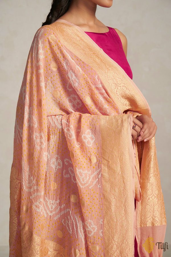 Peach Pure Georgette Banarasi Handloom Bandhani Dupatta Fashion