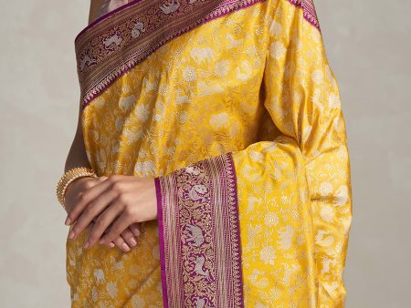 Yellow-Magenta Pure Katan Silk Banarasi Handloom Shikaargah Saree on Sale