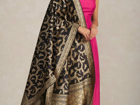 Black Pure Katan Silk Banarasi Handwoven Dupatta For Discount