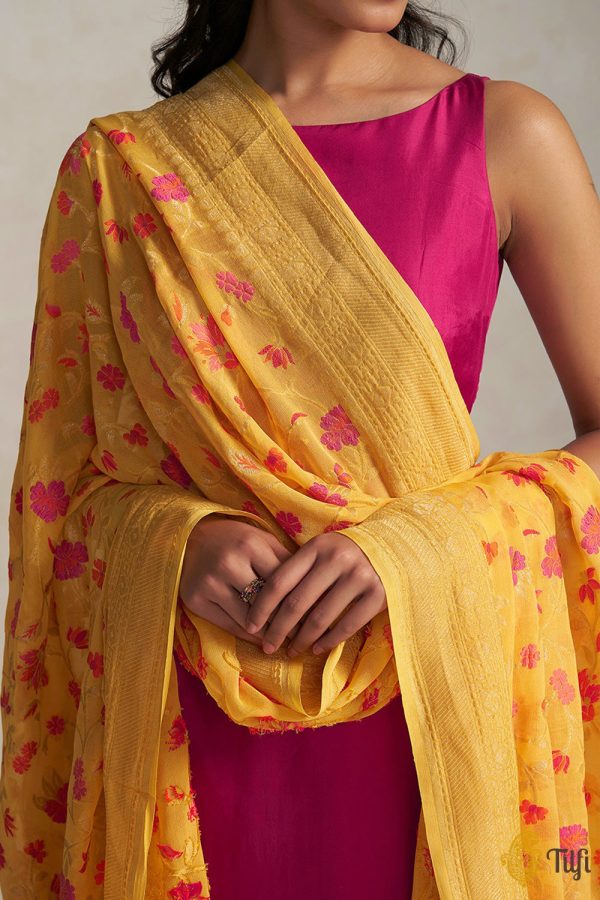 Yellow Pure Khaddi Georgette Banarasi Handloom Dupatta on Sale