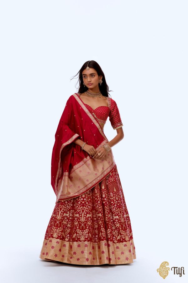 Anandvan  Red Pure Satin Silk Banarasi Handloom Lehenga Set Hot on Sale