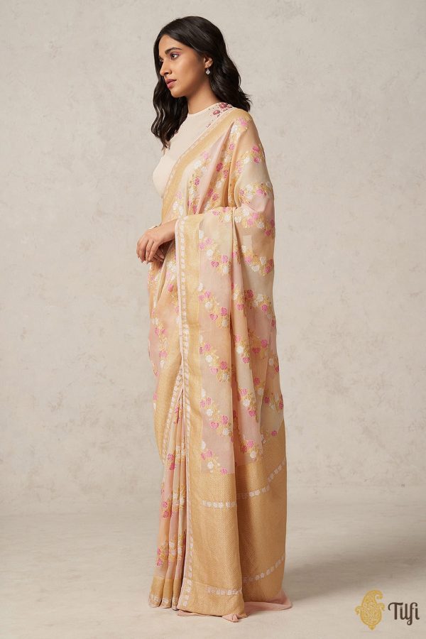 Pink-Peach Pure Khaddi Georgette Banarasi Handloom Saree Sale