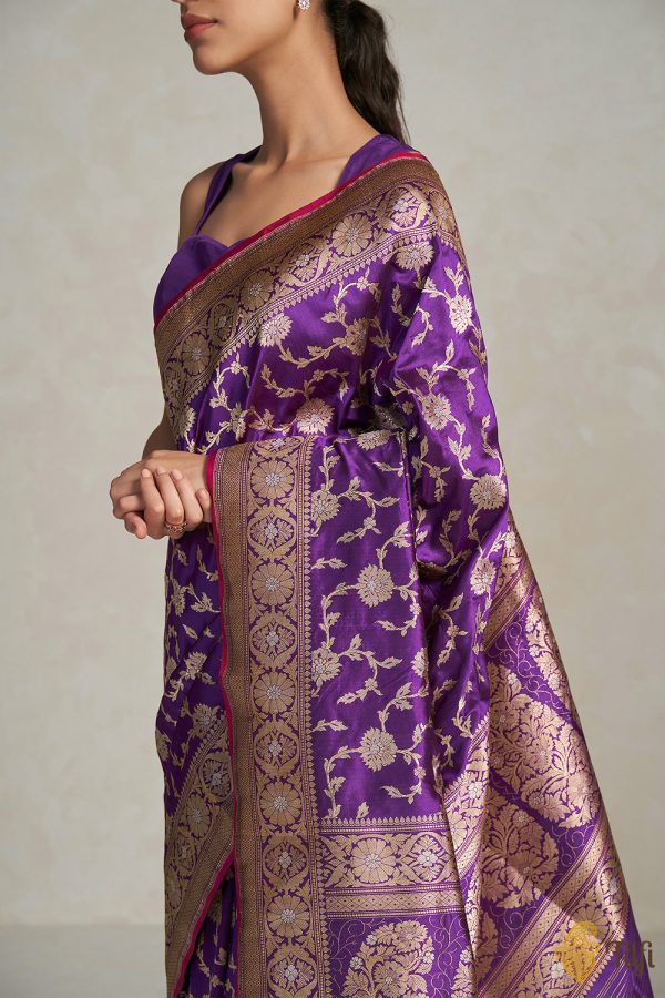 Arya  Purple Pure Katan Silk Banarasi Handloom Saree For Cheap