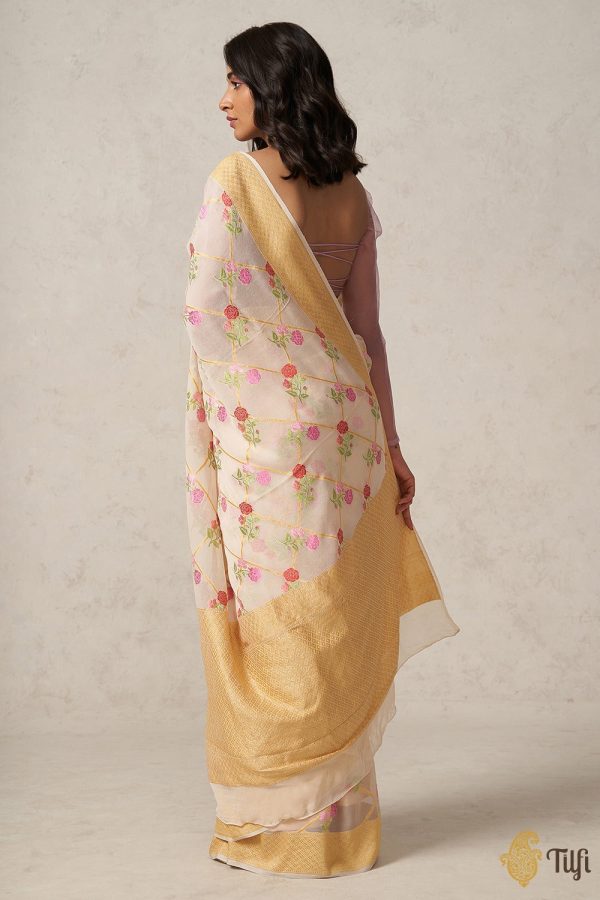 Off-white Pure Khaddi Georgette Banarasi Handloom Saree Online now